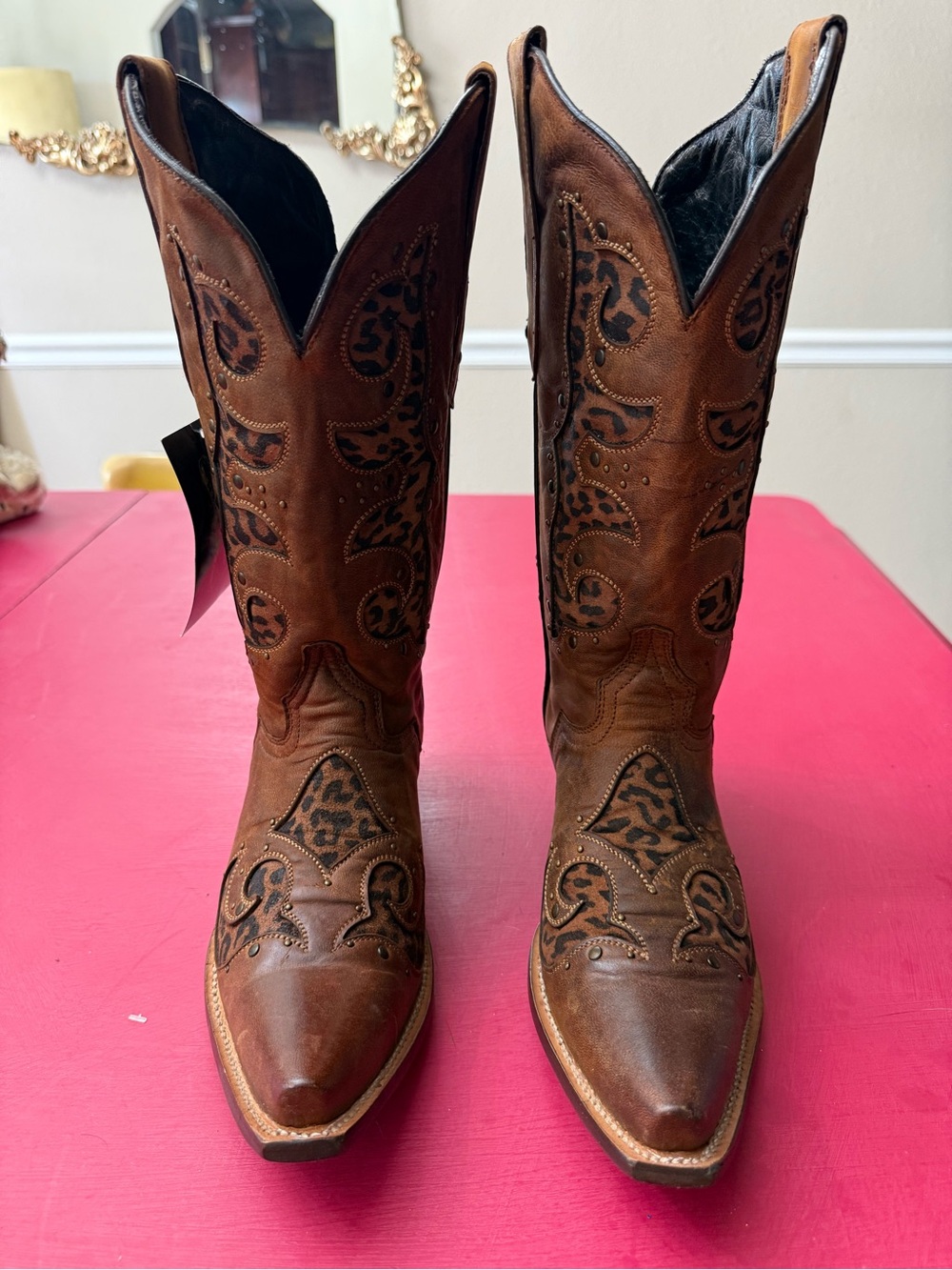 JB Dillon Reserve Brown Leather Cowgirl Boots with Leopard Inset size 10